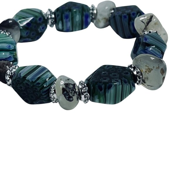 Silver Tone Green Blue & White Millefiori Stretch Bracelet (5802) - Picture 4 of 5